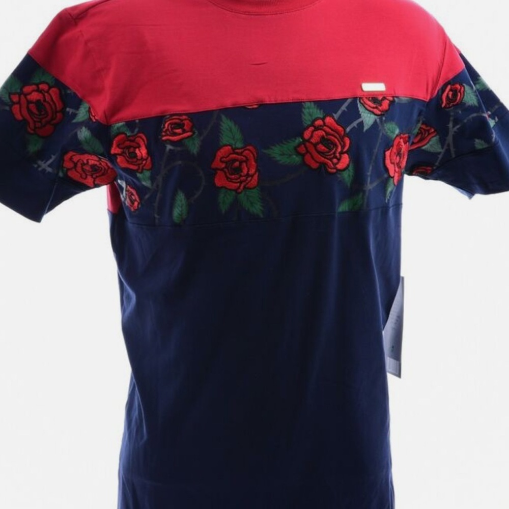 Red and Blue Short Sleeve Tee with Floral Accents